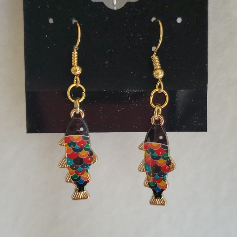 Womens multi color gold fish hook earrings